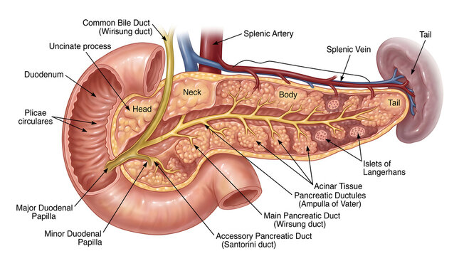 Labeled anatomy of the pancreas with surrounding duodenum illustrating uncinate process, pancreatic ducts, acinar tissue and islets of Langerhans along with splenic vessels, emphasizing exocrine secre