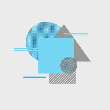 Abstract Geometric Shapes Composition, Blue Square, Circle, Triangle, Lines, Minimalist Design