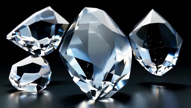 Four faceted diamonds with reflections on dark surface