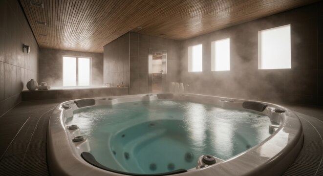 Luxurious spa with a hot tub, windows, and wood ceiling