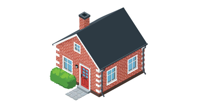 Isometric Red Brick House Illustration with Black Roof, Red Door and Green Bush Isolated on White Background