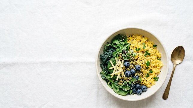 Minimal healthy anti-inflammatory food bowl with turmeric rice, leafy greens, ginger slices, blueberries, clean white background