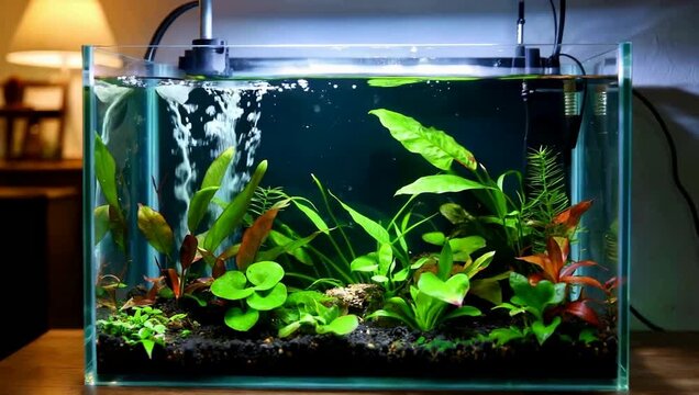 Glass aquarium with lush green plants and bubbling filter