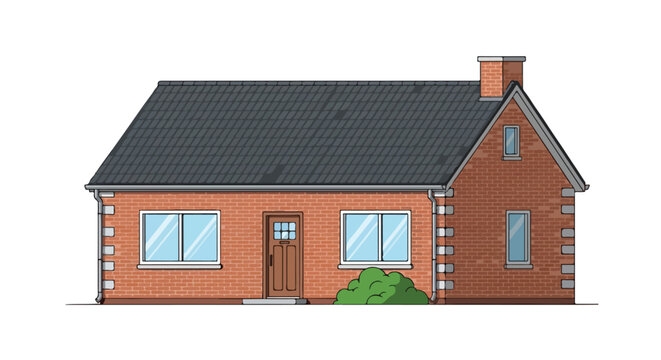 Red Brick House Illustration with Grey Tiled Roof Chimney and Windows Isolated on White Background - Residential Suburban Cottage Vector Graphic
