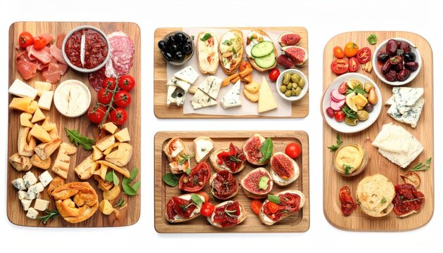 Different appetizers served on wooden boards isolated on white, set