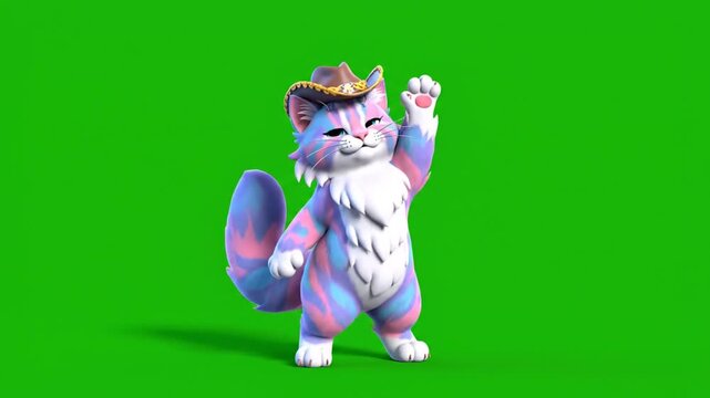 Colorful cat in cowboy hat on green screen background