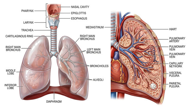 Comprehensive illustration of the lungs and conducting airways with labeled nasal cavity, pharynx, larynx, trachea, main bronchi and diaphragm plus magnified lung section showing bronchioles, pulmonar