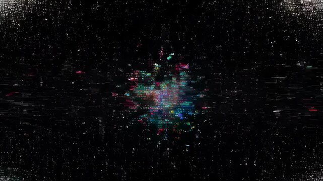 Abstract digital glitch with colorful neon light particles black background, futuristic data noise, night sky with small distant lights over dark landscape, abstract dark glitch line with pink light