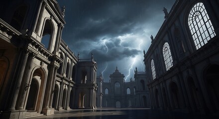 Fototapeta premium Dramatic Storm Clouds Over Ancient Gothic Cathedral Courtyard.