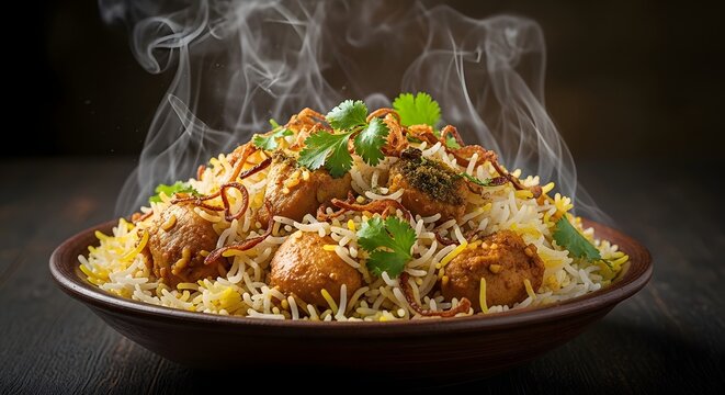 A steaming hot plate of flavorful chicken biryani on transparent background