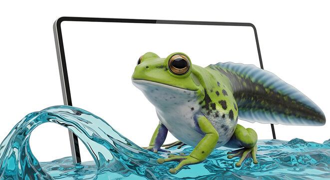 Green frog with spotted back and large eyes emerging from blue water with a tablet device in the background, concept of digital transformation