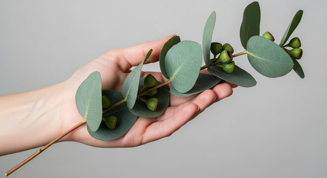 Hand holding eucalyptus branch with green leaves and seeds  