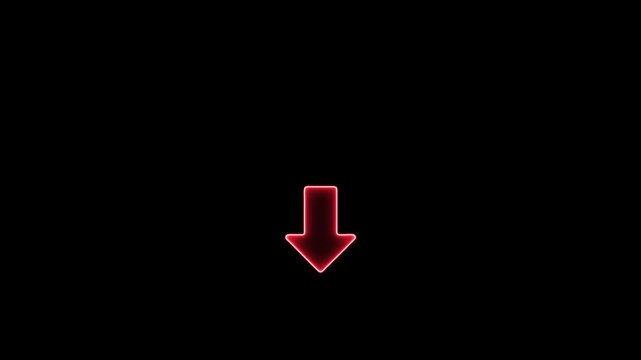 Pulsing red neon arrow sign pointing down, minimalist glowing directional for digital interface and ui
