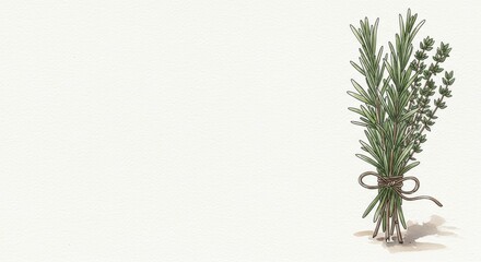 Obraz premium Bunch of fresh rosemary and thyme herbs tied with twine illustrated on a clean white background perfect for cooking and recipe designs