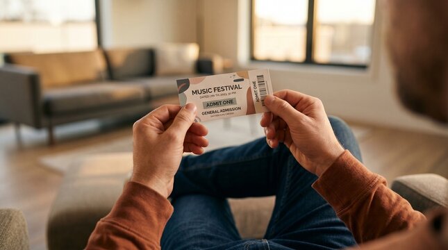 Man holding music festival ticket in modern home living room.