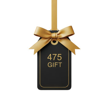 Black gift tag with gold ribbon and number 473 in gold