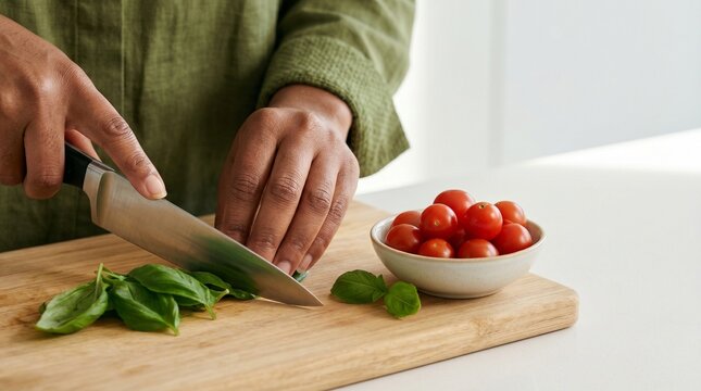Person chopping fresh basil leaves on a wooden cutting board in a kitchen.