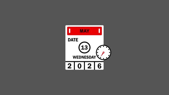 May 13 Date Wednesday 2026 Calendar icon and clock animation,4k video on black background.