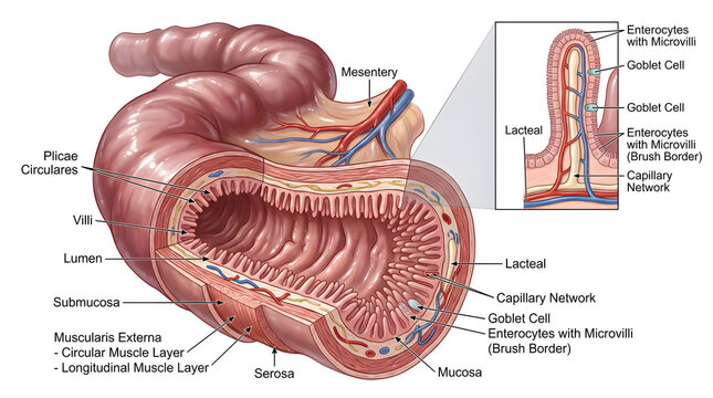 Cross‑sectional anatomy of the human small intestine depicting lumen with plicae circulares and villi, mucosa, submucosa, muscularis externa, serosa and detailed villus inset showing enterocytes, gobl