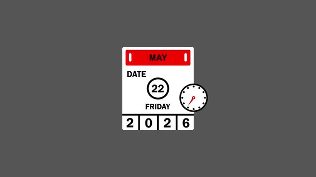 May 22 Date friday 2026 Calendar icon and clock animation,4k video on black background.