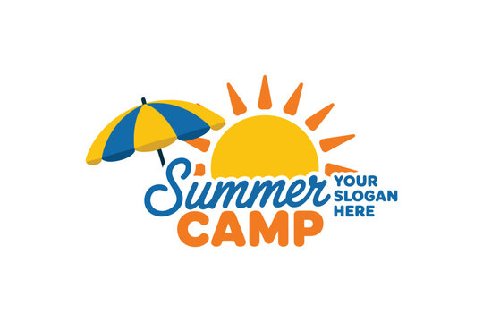 Summer camp logo with sun umbrella and text summer camp.