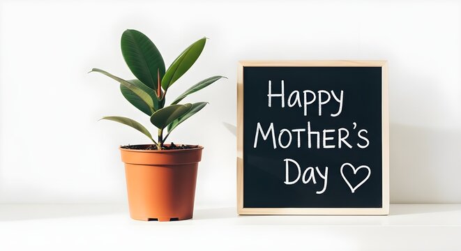 A heartwarming mother's day greeting displayed on a chalkboard with a vibrant green plant in a terracotta pot