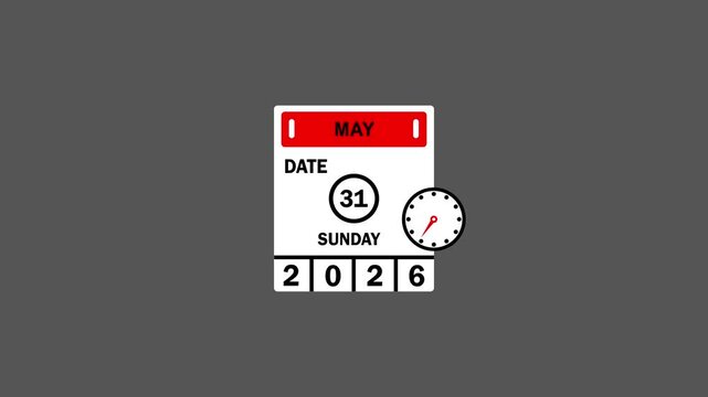 May 31 Date Sunday 2026 Calendar icon and clock animation,4k video on black background.