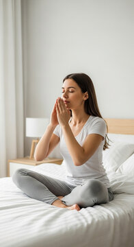 Young woman meditating in bedroom with natural light and calmness  