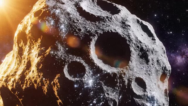 Large cratered asteroid drifting in deep space with bright star flare