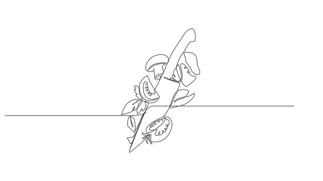 Animation Continuous Line Drawing knief and vegetable Vector Art,Knife and Vegetable Continuous One Line Drawing Animation, Cooking Concept Line Art
