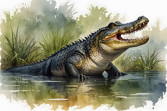 Crocodile snapping jaws open near water's surface