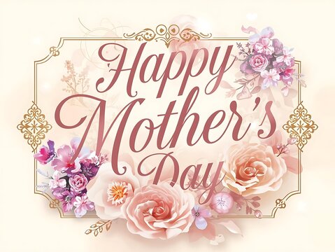 Elegant happy mother's day greeting card with pink roses and gold ornate frame mothers day greeting celebration appreciation decoration template sentiment beautiful illustration background