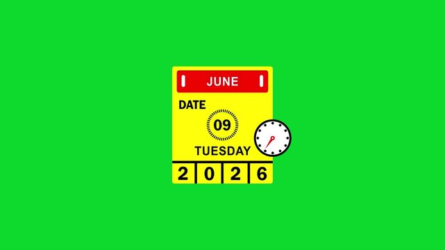 June month Tuesday 9 date calendar animation,2026 calendar and clock creating a stunning video,4k animation video.