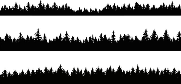 Set of three black coniferous forest silhouettes with pine and spruce trees for landscape design and borders