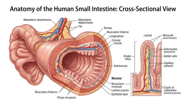 Anatomy of the human small intestine in cross‑section showing mucosa with villi, submucosa, muscularis externa, serosa and mesentery attachments, plus enlarged villus diagram highlighting lacteal and 