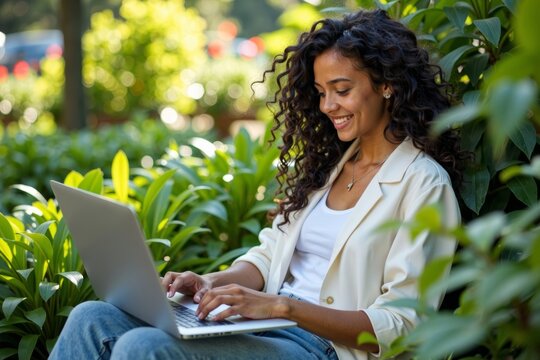 Title: Serene young woman peacefully working in a verdant garden on her laptop