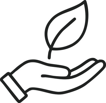 Minimal line icon of a hand holding a leaf, sustainability symbo