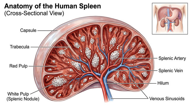 Anatomy of the human spleen in cross‑section showing capsule, trabeculae, red pulp, white pulp nodules, splenic artery, splenic vein, hilum and venous sinusoids, emphasizing vascular pathways and immu