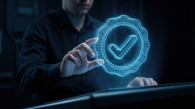 quality assurance guarantee certification digital verification security checkmark technology hologram used by businessman for corporate compliance, trust, and software testing standards.