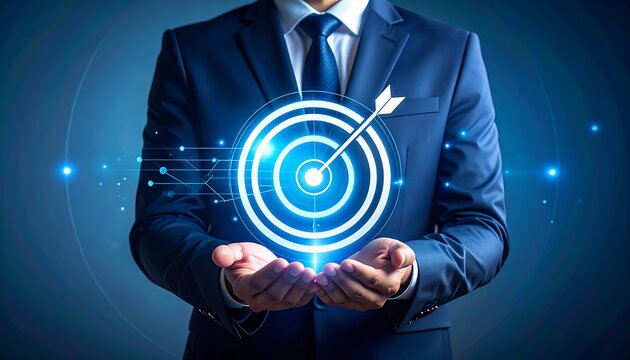 A man in a suit holds a glowing blue target