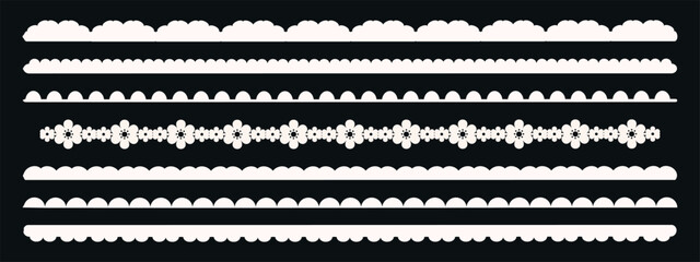 Obraz premium White lace border trims set. Scalloped edges: cloud shapes, semicircles, floral cutouts, wavy frills. Vintage ribbon stripes for card, invitation, frame decoration, textile design. Vector.