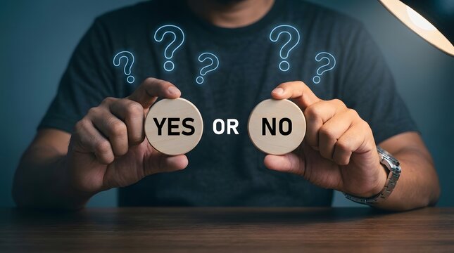 Man holding yes or no signs with question marks above his head making a difficult decision