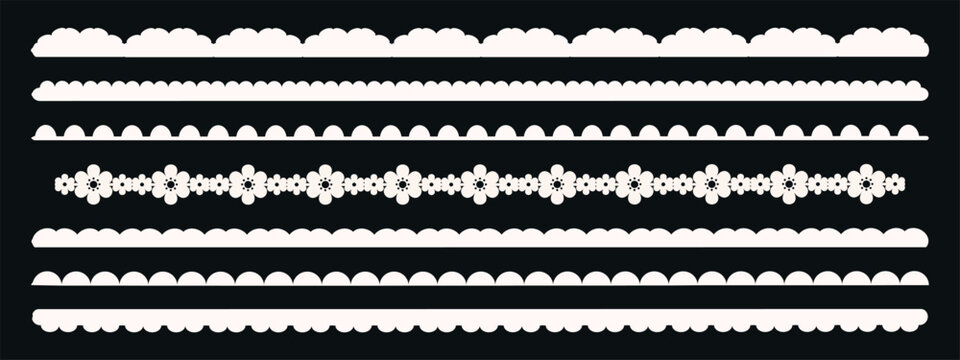 White lace border trims set. Scalloped edges: cloud shapes, semicircles, floral cutouts, wavy frills. Vintage ribbon stripes for card, invitation, frame decoration, textile design. Vector.