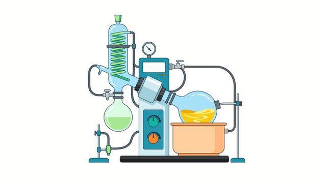 A laboratory setup with various equipment and glassware for chemical experiments