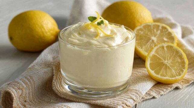 Delicious lemon cheesecake mousse served in a glass bowl with fresh lemon slices and whole lemons on a white towel. A perfect dessert for lemon lovers. Generative AI
