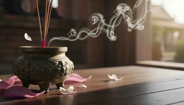 Burning incense offerings in temple for Buddha's Birthday celebration concept with wispy smoke and cherry blossoms on a wooden table in peaceful golden morning light