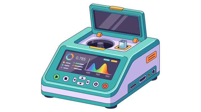 A colorful illustration of a futuristic control machine with a screen and buttons.