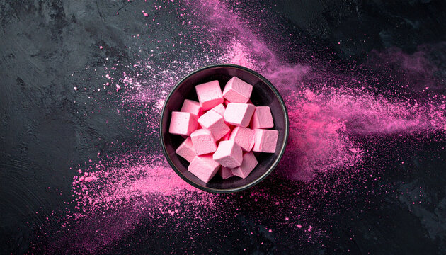 Pink marshmallow cube ceramic bowl dark moody background still life sweet dessert confectionery powder splash vibrant snack delicious treat