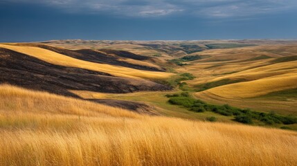 Obraz premium Serene Landscape of Rolling Golden Hills Under Dramatic Sky with Darker Sections, Showcasing Nature's Beauty and Tranquility in Rural Setting