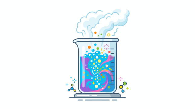 A colorful beaker filled with swirling particles and smoke on a lab table